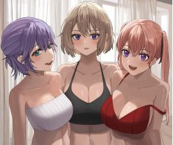 3girls amano_erika black_bra blue_eyes blush bra breasts brown_hair cleavage closed_mouth collarbone commentary_request crossed_bangs hair_between_eyes hair_ribbon highres indoors kakkou_no_iinazuke large_breasts lips long_hair looking_at_viewer multiple_girls open_mouth pigeon_(wejil) pink_hair purple_eyes purple_hair red_bra ribbon segawa_hiro short_hair smile strap_slip strapless teeth tube_top twintails umino_sachi_(kakkou_no_iinazuke) underwear upper_body upper_teeth_only