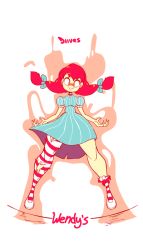 1girl animated animated_gif artist_name blue_bow blue_dress bow character_name copyright_name diives dress female_focus floating freckles full_body hair_bow hair_ornament looking_at_viewer open_mouth puffy_short_sleeves puffy_sleeves red_hair red_socks shoes short_sleeves signature simple_background single_sock single_thighhigh smile socks solo striped_clothes striped_socks teeth text_focus thighhighs torn_clothes torn_legwear twintails wendy&#039;s wendy_(wendy&#039;s) white_background white_shoes