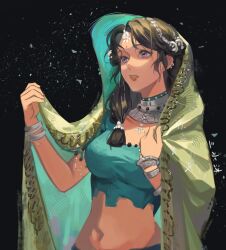 1girl absurdres artist_name black_background black_hair blue_shirt bracelet breasts cropped_shirt dark-skinned_female dark_skin facial_mark forehead_mark hair_ornament hair_over_shoulder hand_up highres holding_veil jewelry kaalaa_baunaa large_breasts long_hair looking_up mugugu navel parted_lips purple_eyes reverse:1999 shirt signature solo stomach teeth upper_body veil yellow_veil