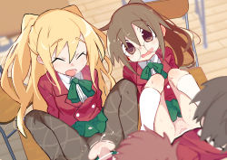 2boys 2girls bar_censor blonde_hair blush bottomless breasts brown_eyes brown_hair censored classroom closed_eyes cum cum_in_pussy ga_geijutsuka_art_design_class glasses highres lolicom long_hair marianne_van_tienen medium_breasts multiple_boys multiple_girls open_clothes pantyhose ponytail school_uniform sex short_hair socks sweat torn_clothes vaginal yamaguchi_kisaragi