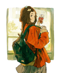 1girl backpack bag black_eyes brown_hair chocolate cowboy_shot day frilled_skirt frills from_side gift_bag gomafuki green_bag hair_ornament highres holding holding_bag holding_strap jacket long_hair looking_to_the_side orange_jacket original outside_border parted_bangs parted_lips skirt solo star_(symbol) star_hair_ornament window