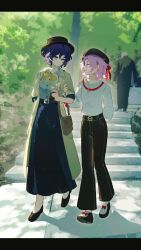 2girls alternate_costume alternate_eye_color alternate_hair_length alternate_hairstyle aqua_eyes black_hat black_pants black_shoes blue_hair blue_shirt blue_skirt bow bowtie breasts brown_coat buttons chinese_commentary closed_eyes closed_mouth coat collared_shirt commentary_request cross cross_necklace cup footwear_bow full_body genderswap genderswap_(mtf) glasses hand_on_another&#039;s_arm hat hat_ribbon hatsutori_hajime highres holding holding_cup jewelry light_particles long_skirt long_sleeves multiple_girls necklace open_clothes open_coat open_mouth outdoors pants pink_hair raining_ji red_bow red_ribbon ribbon round_eyewear saibou_shinkyoku shirt shoes short_hair short_sleeves skirt small_breasts smile sweater utsugi_noriyuki variant_set walking white_sweater yellow_bow yellow_bowtie