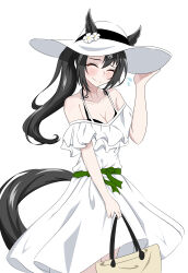 1girl absurdres abyss_kpn_(ki) alternate_costume animal_ears bag bare_shoulders black_bra black_hair blush bra breasts cleavage closed_eyes collarbone commentary_request cowboy_shot dress ears_through_headwear facing_viewer flower hand_on_headwear hat hat_flower highres holding holding_bag horse_ears horse_girl horse_tail long_hair multicolored_hair off-shoulder_dress off_shoulder satono_crown_(umamusume) side_ponytail simple_background solo streaked_hair sun_hat sundress tail umamusume underwear white_background white_dress white_hair white_hat
