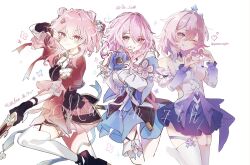 3girls artist_collaboration bare_shoulders blue_eyes camera chinese_clothes commentary_request de_1aw heart heart_hands highres holding holding_camera holding_sword holding_weapon honkai:_star_rail honkai_(series) kino-cands looking_at_viewer mandarin_collar march_7th_(honkai:_star_rail) march_7th_(hunt)_(honkai:_star_rail) march_7th_(nascent_spring)_(honkai:_star_rail) march_7th_(preservation)_(honkai:_star_rail) medium_hair multicolored_eyes multiple_girls multiple_persona official_alternate_costume official_alternate_hairstyle pink_eyes pink_hair pink_pupils shuangyaji smile sword tiara twitter_username two-tone_eyes weapon white_background yoshino_mugiko