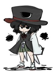 1other androgynous aodo_mikan bare_legs bare_shoulders black_coat black_eyes black_hair black_hat blush_stickers closed_mouth coat coattails collared_shirt collared_socks commentary_request detached_sleeves dress enraku_tsubakura expressionless eye_of_senri full_body green_hakama hair_between_eyes hakama hakama_short_skirt hakama_skirt hat highres ink japanese_clothes knees len&#039;en long_sleeves medium_hair neck_ribbon other_focus red_ribbon red_sandals ribbon sandals shirt simple_background skirt sleeveless sleeveless_coat sleeveless_dress sleeves_past_fingers sleeves_past_wrists socks solo standing top_hat twitter_username white_background white_shirt white_sleeves white_socks zouri