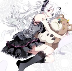 1girl bare_shoulders black_dress black_socks boxcutter breasts commentary_request dress eyepatch frilled_socks frills full_body funamushi_nomore gothic_lolita hatsune_miku headphones highres hugging_object kneehighs lace lace-trimmed_dress lace-trimmed_legwear lace_trim large_teddy_bear lolita_fashion long_hair looking_at_viewer lying medium_breasts no_shoes number_tattoo on_side one_eye_covered open_mouth red_eyes shoulder_tattoo sleeveless sleeveless_dress socks solo stitches stuffed_animal stuffed_toy tattoo teddy_bear teeth twintails upper_teeth_only very_long_hair vocaloid white_hair