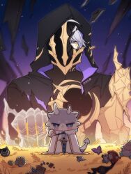1boy armor black_cloak blood bloody_tears bug butterfly character_doll chimera_(honkai:_star_rail) clawed_gauntlets cloak coat commentary cracked_mask dark_persona doll english_commentary flower ganleneng gold_necklace highres holding holding_sword holding_weapon honkai:_star_rail honkai_(series) hood hood_up hooded_cloak insect jewelry little_ica_(honkai:_star_rail) male_focus necklace phainon_(honkai:_star_rail) purple_butterfly shoulder_armor solo sword tribbie_(honkai:_star_rail) twitter_username weapon wheat_field white_coat yellow_blood