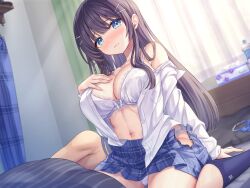 Rule 34 | bedroom, black hair, blue eyes, blue skirt, blush, bottle, bow, bow bra, bra, breasts, cleavage, closed mouth, curtains, hair ornament, hairclip, hand on own chest, large breasts, long hair, long sleeves, on bed, open clothes, open shirt, original, otosume ruiko, panties, parallel hairclips, partially undressed, plaid clothes, plaid skirt, school uniform, shirt, sidelocks, sitting, skirt, socks, tissue box, underwear, wariza, white bra, white panties, white shirt