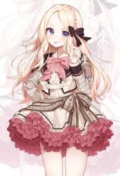 1girl :p armband blonde_hair blush bow braid brown_bow chobi_(penguin_paradise) closed_mouth commentary_request crown_braid dress forehead frilled_dress frills gakuen_idolmaster hair_bow hand_up highres idolmaster jacket juo_sena long_hair long_sleeves parted_bangs pink_bow purple_eyes safety_pin smile solo standing tongue tongue_out v-shaped_eyebrows very_long_hair white_dress white_jacket zoom_layer