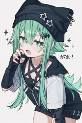 1girl absurdres animal_ear_headwear black_arm_warmers black_hat black_jacket claw_pose cowboy_shot dot_nose fake_animal_ears green_eyes green_hair hair_flaps hat hat_ornament highres jacket jitome leaning_forward looking_at_viewer namin_(anjpzaobmhbppxs) nanase_(namin) open_mouth original paperclip pentagram simple_background smile solo sparkle_hair_ornament star-shaped_pupils star_(symbol) star_hat_ornament symbol-shaped_pupils translation_request white_background white_sleeves
