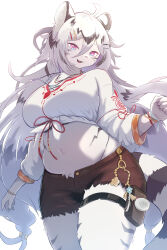 1girl ahoge animal_ears breasts brown_shorts commentary commentary_request cowboy_shot crop_top furry furry_female hair_between_eyes hannah_(mahjong_soul) highres large_breasts long_bangs long_hair looking_at_viewer mahjong_soul midriff navel open_fly open_mouth paid_reward_available pink_eyes plump pouch rumine_(yoshi1234567) shirt short_sleeves shorts simple_background smile solo tail thigh_pouch tiger_ears tiger_girl tiger_tail very_long_hair white_background white_shirt