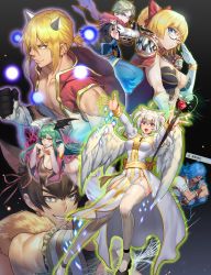3girls 4boys alternate_costume angel_wings animal animal_around_neck animal_ears arm_wrap asymmetrical_wings bad_id bad_twitter_id belt bikini black_footwear black_gloves black_vest blacksmith_(ragnarok_online) blonde_hair blue_eyes blue_pants blush bow breasts brown_belt brown_dress brown_footwear brown_gloves brown_hair cape cardigan champion_(ragnarok_online) chinese_commentary cleavage clenched_hand closed_mouth coat commentary_request creator_(ragnarok_online) cross demon_wings detached_sleeves dress fingerless_gloves fox fox_ears full_body garter_straps gloves green_hair grey_eyes gypsy_(ragnarok_online) hair_between_eyes head_wings high_heels high_priest_(ragnarok_online) highres holding holding_knife holding_staff hood hooded_coat horns hugging_own_legs japanese_clothes jewelry juliet_sleeves knife kunai large_breasts living_clothes long_hair long_sleeves looking_at_viewer magic medium_breasts mismatched_wings multiple_boys multiple_girls necklace ninja_(ragnarok_online) open_clothes open_coat open_mouth outstretched_arms pants pointy_ears ponytail professor_(ragnarok_online) puffy_sleeves ragnarok_online red_bow red_cape red_scarf red_sleeves rio sash scarf see-through_clothes sequins shirt shoes short_dress short_hair short_ponytail short_sleeves shuriken sleeveless sleeveless_coat smile staff strapless strapless_bikini strapless_dress striped_sleeves swimsuit teeth thighhighs two-tone_gloves unbuttoned unbuttoned_shirt upper_body vest weapon white_coat white_dress white_gloves white_hair white_legwear white_pants white_shirt white_sleeves white_wings wings yellow_bikini yellow_bow yellow_eyes yellow_sash yellow_sleeves