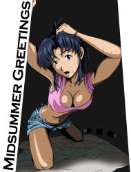 Rule 34 | blue hair, breasts, cleavage, crop top, downblouse, hard-translated, katsuragi misato, midriff, neon genesis evangelion, scar, shochuumimai, shorts, sweat, third-party edit, tomizofu, translated