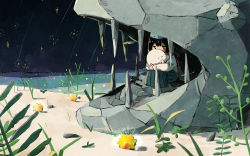 1girl absurdres bob_cut cave flower highres holding night original outdoors plant school_uniform serafuku short_hair stone user_tvhy7433
