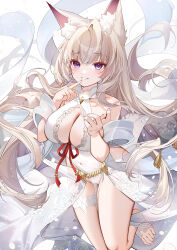 1girl absurdres animal_ear_fluff animal_ears bare_shoulders blonde_hair breasts cleavage cleavage_cutout clothing_cutout covered_navel dress finger_to_mouth floating_hair fox_ears frilled_thigh_strap grin hand_up highres large_breasts long_hair looking_at_viewer no_panties original pelvic_curtain purple_eyes sash sleeveless sleeveless_dress smile solo thigh_strap thighs very_long_hair white_dress yukineko1018