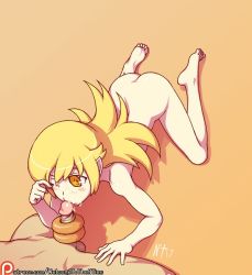 1boy 1girl all_fours artist_name ass bakemonogatari barefoot blonde_hair blush_stickers completely_nude cum cum_on_body donut facial feet fellatio food full_body hetero monogatari_(series) noise_tanker nude one_eye_closed oral oshino_shinobu patreon penis pointy_ears simple_background soles solo_focus testicles toes uncensored watermark web_address yellow_eyes