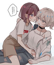 2girls black_choker blue_eyes blush brown_shorts camisole choker commentary denim girls_band_cry grey_eyes grey_hair grey_pants hair_up hamchan69 hand_on_another&#039;s_waist highres iseri_nina jeans kawaragi_momoka multiple_girls pants pout red_hair shirt short_sleeves short_twintails shorts simple_background speech_bubble straddling sweat translation_request twintails white_background white_camisole white_shirt yuri