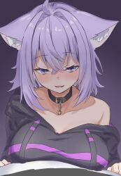 1girl animal_ears black_hoodie blush breasts cat_ears cat_girl earl_grey_no_chaba eyelashes grey_background highres hololive hood hood_down hoodie large_breasts medium_hair nekomata_okayu nekomata_okayu_(1st_costume) purple_eyes purple_hair simple_background single_bare_shoulder single_off_shoulder solo virtual_youtuber