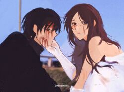 Rule 34 | 1boy, 1girl, black eyes, black hair, black shirt, blood, blood from forehead, blood on face, blood on hands, bloodshot eyes, blue sky, bridal gauntlets, brown hair, cry of fear, dress, facial hair, goatee stubble, grabbing another&#039;s chin, hair over shoulder, hand on another&#039;s chin, hetero, konicomchiee, lamppost, long hair, looking at another, looking at viewer, outdoors, railing, shirt, short hair, simon henriksson, sky, sophie (cry of fear), stubble, upper body, white dress