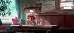 aymeric_kevin bag book bookshelf booth_seating brown_hair candle commentary connect_four cup curtains english_commentary flower frustrated furry hat highres indoors long_sleeves mug open_mouth original painting_(object) plant restaurant shirt short_hair sitting steam table window
