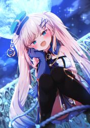 Rule 34 | 1girl, :d, absurdres, bare shoulders, black shoes, black thighhighs, blonde hair, blue eyes, blue gloves, blue skirt, blurry, blurry background, blush, boots, breasts, cloud, commission, crescent, depth of field, earrings, fang, full moon, gloves, hair ornament, hairclip, hand on own cheek, hand on own face, hat, hat ornament, highres, jewelry, large breasts, long hair, looking at viewer, medium breasts, moon, night, night sky, open mouth, original, outdoors, pleated skirt, railing, shiro9jira, shoes, skeb commission, skin fang, skirt, sky, sleeveless, smile, solo, sparkle, squatting, star (sky), thigh boots, thighhighs, tilted headwear, twintails, very long hair, x hair ornament