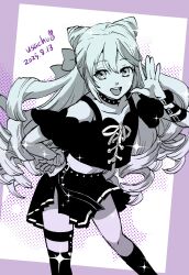 1boy androgynous cone_hair_bun dated drill_hair fire_emblem fire_emblem_engage folded_twintails hair_bun hair_horns highres legwear_garter long_hair looking_at_viewer male_focus nintendo rosado_(fire_emblem) single_legwear_garter solo trap twitter_username usachu_now