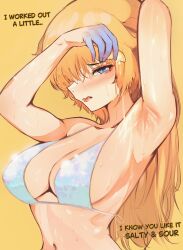 1girl absurdres arm_behind_head armpits bikini blue_eyes blush breasts cleavage colored_extremities english_text food fruit highres kaneko_lumi lemon lemon_slice lips long_hair miltaire94 navel phase_connect presenting_armpit solo sweat swimsuit virtual_youtuber white_bikini yellow_background