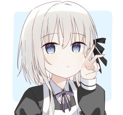 1boy :t absurdres amamiya_ayumu_(vtuber) black_shirt blue_background border collared_shirt commentary_request contrast_collar dress grey_eyes grey_hair hair_between_eyes hand_up highres indie_virtual_youtuber long_hair long_sidelocks long_sleeves looking_at_viewer male_focus neck_ribbon outside_border pinafore_dress plaid_ribbon purple_ribbon ribbon rounded_corners sankakkee shirt sidelocks simple_background sleeveless sleeveless_dress smile solo trap upper_body v virtual_youtuber white_border white_dress