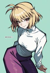 1girl absurdres ahoge arcueid_brunestud arm_behind_back blonde_hair blush breasts curvy highres huge_breasts komatsuki_n looking_at_viewer purple_skirt red_eyes short_hair simple_background skirt smile sweater tsukihime turtleneck turtleneck_sweater white_sweater wide_hips