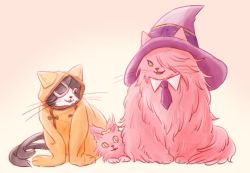 Rule 34 | 1boy, 2girls, animalization, arc system works, blazblue, cat, eyepatch, family, father and daughter, hair over one eye, hair ribbon, happy, hat, husband and wife, jubei (blazblue), kokonoe (blazblue), konoe a. mercury, mother and daughter, multiple girls, necktie, nunun, red eyes, ribbon, smile, witch hat, yellow eyes