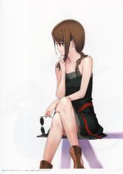 1girl 5pb. absurdres ankle_boots armpits asymmetrical_sidelocks black_dress blue_eyes boots brown_boots brown_hair collarbone crossed_legs cut-out_footwear dress finger_to_own_chin hair_between_eyes hand_on_own_chin highres holding holding_removed_eyewear knees leather leather_boots official_art red_sash robotics;notes sash shadow sidelocks simple_background sitting sleeveless sleeveless_dress solo sunglasses tennouji_nae thighs twintails unworn_eyewear waist_sash white_background