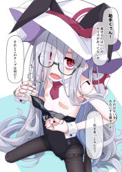 1girl animal_ears bandaid bandaids_on_nipples black_leotard black_pantyhose detached_collar doll_joints fake_animal_ears fangs flat_chest glasses grey_hair highres joints leotard long_hair looking_at_viewer necktie ogami_kazuki open_mouth original pantyhose pasties playboy_bunny red_eyes red_necktie semi-rimless_eyewear short_necktie solo speech_bubble strapless strapless_leotard translation_request under-rim_eyewear very_long_hair wrist_cuffs