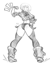 Rule 34 | 1girl, absurdres, angel (kof), artist name, ass, backboob, boots, breasts, fingerless gloves, flexing, from behind, gloves, hand on own hip, highres, large breasts, legs, looking at viewer, looking back, midriff, monochrome, panties, seductive gaze, seductive smile, short hair, sketch, smile, snk, source request, the king of fighters, thighs, traditional media, underwear