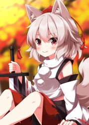 1girl animal_ear_fluff animal_ears bare_shoulders black_skirt blurry blurry_background blush closed_mouth grey_hair hat highres holding holding_sword holding_weapon inubashiri_momiji knees_up long_sleeves looking_at_viewer pom_pom_(clothes) red_eyes red_hat red_skirt ribbon-trimmed_sleeves ribbon_trim ruu_(tksymkw) shirt short_hair sitting skirt sleeveless sleeveless_shirt smile solo sword tail tokin_hat touhou turtleneck turtleneck_shirt two-tone_skirt weapon white_shirt wide_sleeves wolf_ears wolf_girl wolf_tail