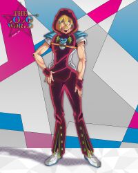 Rule 34 | 1boy, bell-bottoms, belt, blonde hair, blue eyes, braid, commentary, earrings, english commentary, genda art, grey shoes, grey sleeves, hair between eyes, hair ornament, hand on own hip, heart ornament, highres, hood, hood up, jewelry, jodio joestar, jojo no kimyou na bouken, jumpsuit, logo, long bangs, male focus, multicolored hair, orange belt, pants, parted lips, recolored, red hood, red jumpsuit, redrawn, shoes, short sleeves, side braid, single earring, solo, standing, star (symbol), star hair ornament, the jojolands, two-tone hair, wing ornament, yellow lips, yellow nails