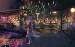 5girls 6+boys ahoge akechi_mitsuhide_(fate) alcohol alternate_costume architecture bamboo barefoot beer beer_bottle black_hair black_shirt blue_dress blue_kimono brown_hair casual chacha_(fate) commentary_request contemporary cup denim dress drinking drunk east_asian_architecture evening closed_eyes fate_(series) fireworks flower folding_fan hairband half_updo hand_fan hanging_scroll highres hijikata_toshizou_(fate) hime_cut holding holding_fan holding_flower japanese_clothes jeans kimono lantern long_hair long_table looking_at_another mori_nagayoshi_(fate) mosquito_coil mug multicolored_hair multiple_boys multiple_girls nagao_kagetora_(fate) night night_sky oda_nobukatsu_(fate) oda_nobunaga_(fate) oda_nobunaga_(koha-ace) okada_izou_(fate) okita_souji_(fate) okita_souji_(koha-ace) open_mouth oryou_(fate) pagoda pants paper_fan party pink_shirt platinum_blonde_hair pond ponytail red_hair sakamoto_ryouma_(fate) scroll shirt short_hair sitting sky sliding_doors smile star_(sky) starry_sky straight_hair t-shirt table tanabata tank_top tatami throwing topknot toyotomi_hideyoshi_(fate) two-tone_hair veranda warabi_tama white_hair wooden_floor