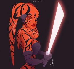 1girl alien black_background black_gloves brown_background colored_skin darth_talon elbow_gloves energy_sword gloves highres holding holding_sword holding_weapon lightsaber looking_at_viewer red_eyes red_lightsaber red_skin simple_background star_wars sword twi&#039;lek upper_body valerio_buonfantino weapon