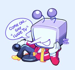 1boy absurdres ant_tenna antennae artist_name black_pants chibi crt deltarune english_text full_body gloves grey_background hand_on_own_head highres holding holding_microphone jacket kittycatmatsu long_nose lying male_focus microphone necktie object_head on_side pants pointy_nose red_jacket shoes simple_background smile solo speech_bubble white_gloves yellow_necktie yellow_shoes