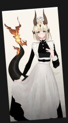 1girl alternate_costume apron arknights black_border black_dress black_tail blonde_hair border brown_horns closed_mouth collared_dress commentary dress enmaided feet_out_of_frame fire frills green_eyes highres horns long_dress long_hair long_sleeves looking_at_viewer maid maid_apron maid_day maid_headdress reed_(arknights) skirt_hold solo standing tail tail_raised umimi_beni_(beru_2525) unfinished