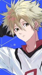1boy arm_behind_head arms_up artist_request black_gloves blonde_hair blue_background blue_lock brown_eyes closed_mouth collared_shirt gloves hayate_haru long_hair looking_at_viewer serious shirt simple_background soccer_uniform solo spiked_hair sportswear white_shirt