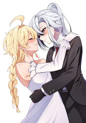 1boy 1girl aether_(genshin_impact) arlecchino_(genshin_impact) black_eyes black_gloves black_hair black_jacket black_pants black_suit blonde_hair blush braid braided_ponytail closed_eyes closed_mouth commission dress earrings formal_clothes genshin_impact gloves hair_between_eyes high_ponytail highres jacket jewelry long_hair long_sleeves midori_(midori13579) multicolored_hair necktie pants ponytail red_necktie red_pupils single_braid single_earring smile streaked_hair suit symbol-shaped_pupils teeth white_background white_dress white_gloves white_hair white_sleeves x-shaped_pupils