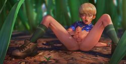 1boy delirium grass grounded handjob highres male_focus masturbation penis pete_(grounded) shoes shota tagme testicles