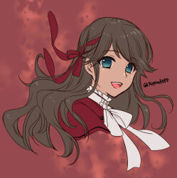 1girl blue_eyes brown_hair cowenna dark-skinned_female dark_skin long_hair mabinogi red_ribbon ribbon smile tepaoh888 white_ribbon