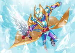 Rule 34 | 1boy, absurdres, armor, blue armor, blue eyes, blue helmet, commentary, compound eyes, food, full body, gavvgablade, helmet, henshin belt gavv, highres, holding, holding sword, holding weapon, ice, ice cream, kamen rider, kamen rider gavv, kamen rider gavv (blizzardsorbet form), kamen rider gavv (series), md5 mismatch, otokamu, power armor, revision, solo, sword, weapon