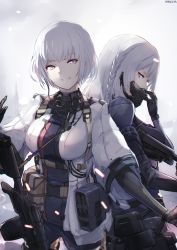 2girls ak-15_(girls&#039;_frontline) ammunition_box back-to-back black_gloves blue_shirt braid commentary_request drum_magazine gas_mask girls&#039;_frontline gloves gun holding holding_gun holding_weapon light_machine_gun long_hair looking_at_viewer machine_gun magazine_(weapon) mask multiple_girls nekoya_(liu) purple_eyes resolution_mismatch rifle rpk rpk-16 rpk-16_(girls&#039;_frontline) shirt short_hair silver_hair smile source_larger standing tactical_clothes weapon white_shirt