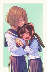2girls :d black_sailor_collar black_skirt breasts brown_eyes brown_hair commentary_request cowboy_shot green_background hand_on_another&#039;s_head hantsuki_(ichigonichiya) head_on_another&#039;s_chest highres holding_hands long_hair long_sleeves multiple_girls open_mouth original outside_border pleated_skirt sailor_collar school_uniform serafuku short_hair simple_background skirt smile twintails yuri