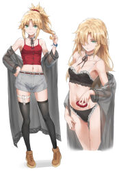 1girl bare_shoulders black_bra black_panties black_thighhighs blonde_hair bra breasts brown_footwear camisole collarbone fate/apocrypha fate_(series) full_body grey_shorts hair_over_one_eye highres long_hair long_sleeves looking_at_viewer midriff mordred_(fate) mordred_(fate/apocrypha) multiple_views navel off_shoulder panties red_camisole shorts sidelocks small_breasts smile thighhighs tonee underwear