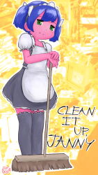 1girl 4chan apron blue_hair bow broom bury_pink_gril colored_skin english_text frills green_eyes hair_bow highres leaning_on_object looking_at_viewer maid maid_apron maid_headdress meme messy_room otaku_room photo_background puffy_sleeves purple_skin smile thighhighs throwplate twintails yellow_background zettai_ryouiki