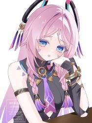 1girl :o armband bare_shoulders black_armband blue_eyes braid breasts citlali_(genshin_impact) commentary_request facial_mark floating_headgear forehead_mark genshin_impact hand_up head_rest headgear highres kino_(curry_pan) long_hair looking_at_viewer medium_breasts multicolored_hair open_mouth pink_hair pink_pupils purple_hair sleeveless solo twin_braids twitter_username upper_body very_long_hair white_background