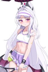 1girl absurdres ahoge ball bandaid bandaid_on_arm black_halo blue_archive blush breasts closed_mouth collarbone commentary cowboy_shot crop_top demon_horns demon_wings eyelashes hair_ornament hairclip halo highres hina_(blue_archive) holding holding_ball horns li_se loli long_hair looking_at_viewer low_wings miniskirt navel pleated_skirt ponytail purple_eyes purple_skirt racket shirt sidelocks simple_background skirt small_breasts solo sportswear stomach tennis_ball tennis_racket tennis_uniform thighs visor_cap white_background white_hair white_shirt wings wristband